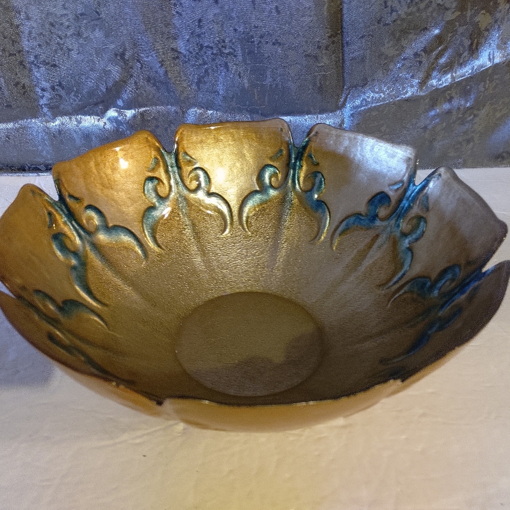 Vintage Decorative Bowl Gold And Teal 11"H x 4"D Floral Shape